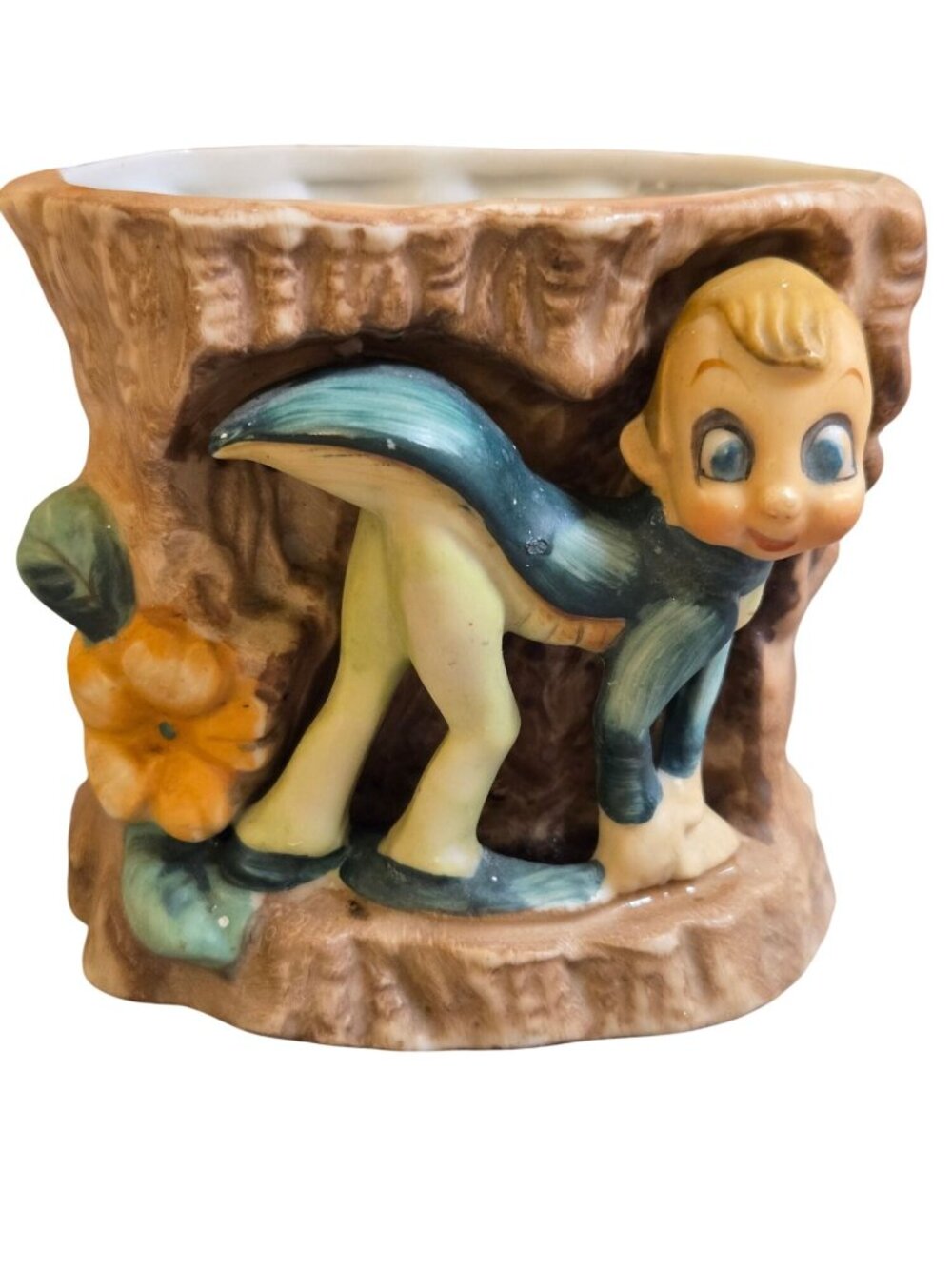 Vintage  Pixie Elf Planter With Whimsical Woodland Design Floral Big Eyes